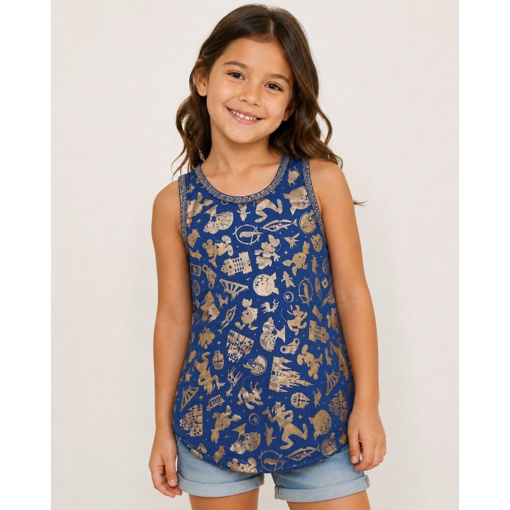 Disney Parks 50th Anniversary Girls Tank Top Blue Gold Foil Mickey Minnie Large
